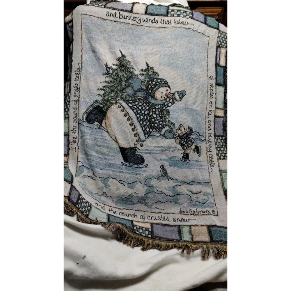 Heidi Salerberg Tapestry Throw Blanket Snowman Winter Scene‎ Fringed